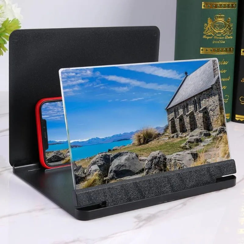 Black and white phone screen amplifiers showing 9-inch magnified display and phone holder.