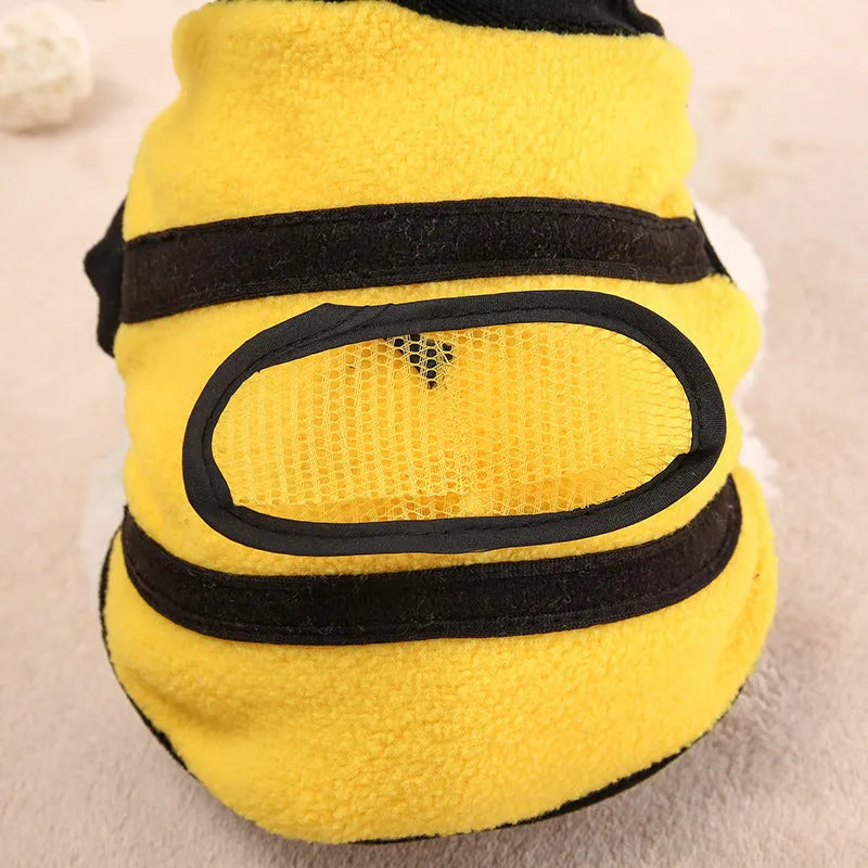 Yellow bee fleece dog jumper, transformation style, sizes 6 to 18, back length 16cm to 40cm.