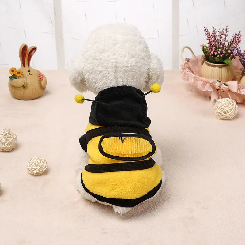 Yellow bee fleece dog jumper, transformation style, sizes 6 to 18, back length 16cm to 40cm.
