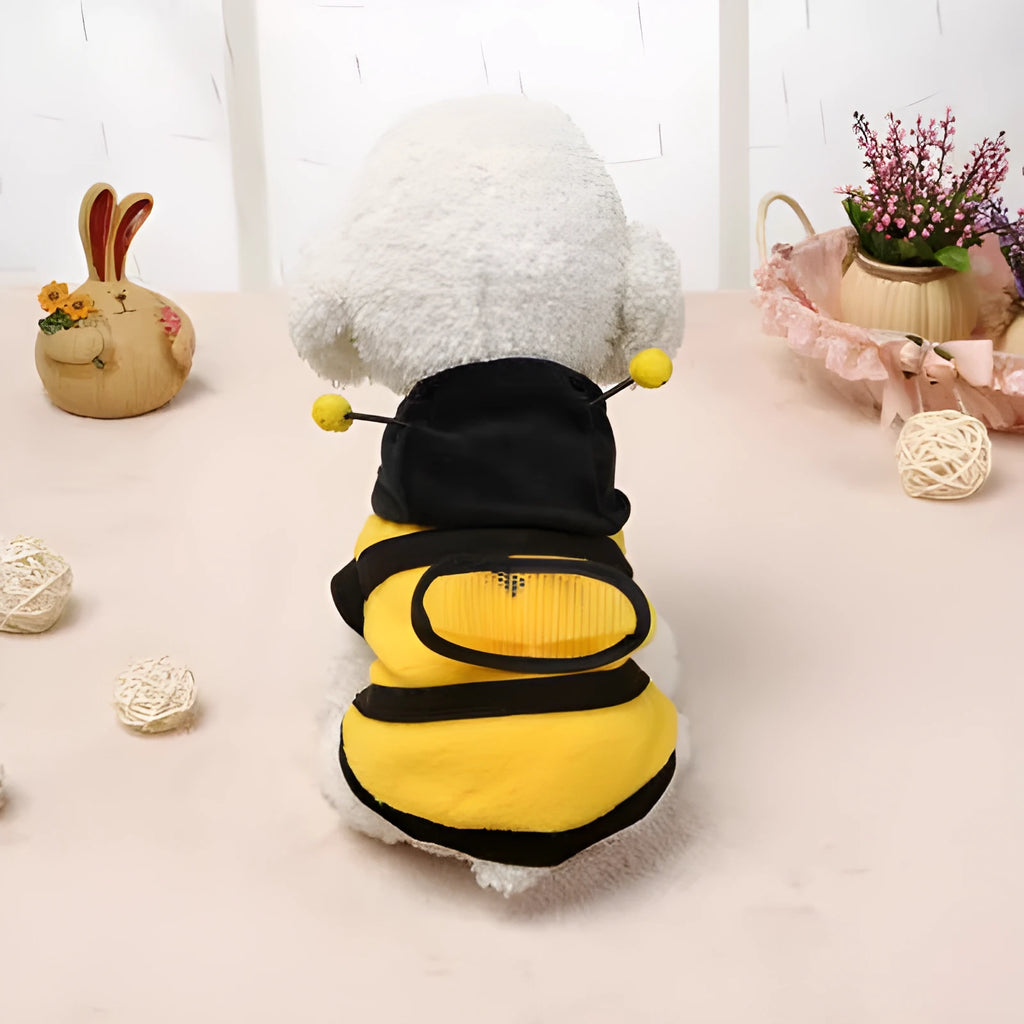 Yellow bee fleece dog jumper, transformation style, sizes 6 to 18, back length 16cm to 40cm.