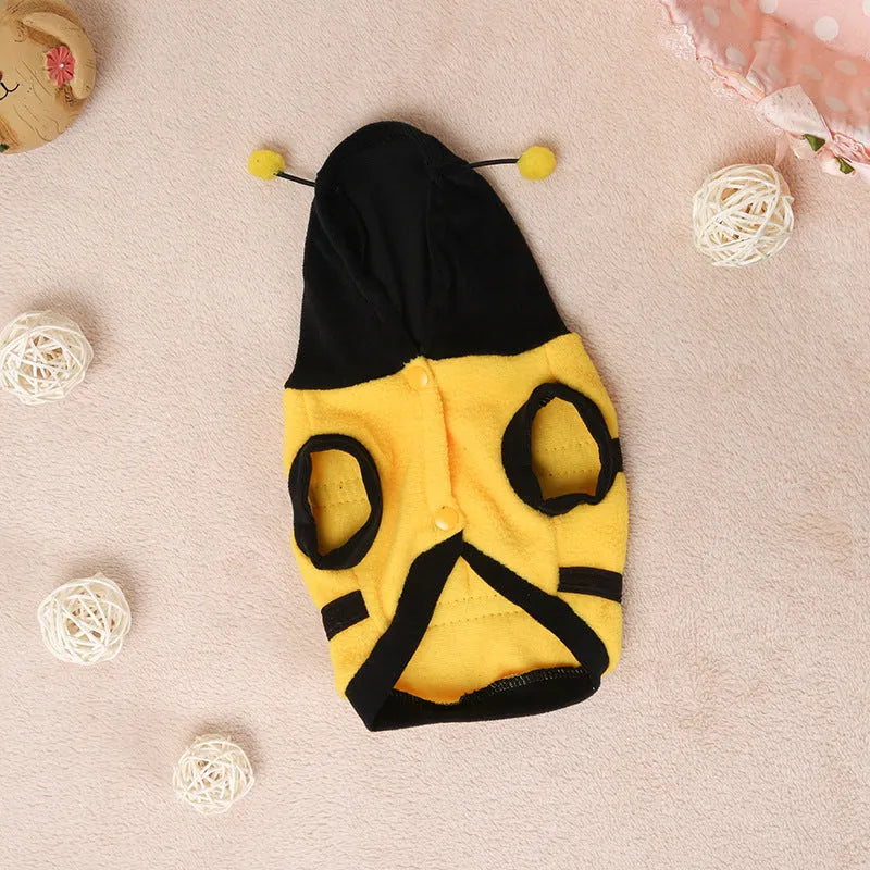 Yellow bee fleece dog jumper, transformation style, sizes 6 to 18, back length 16cm to 40cm.