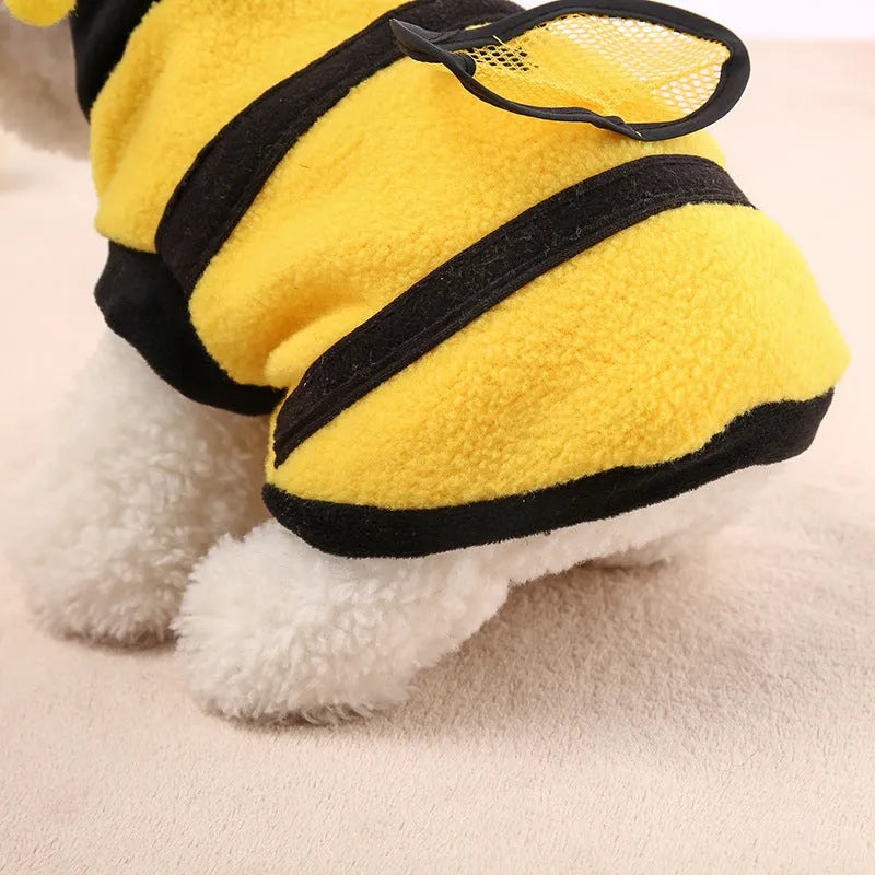 Yellow bee fleece dog jumper, transformation style, sizes 6 to 18, back length 16cm to 40cm.