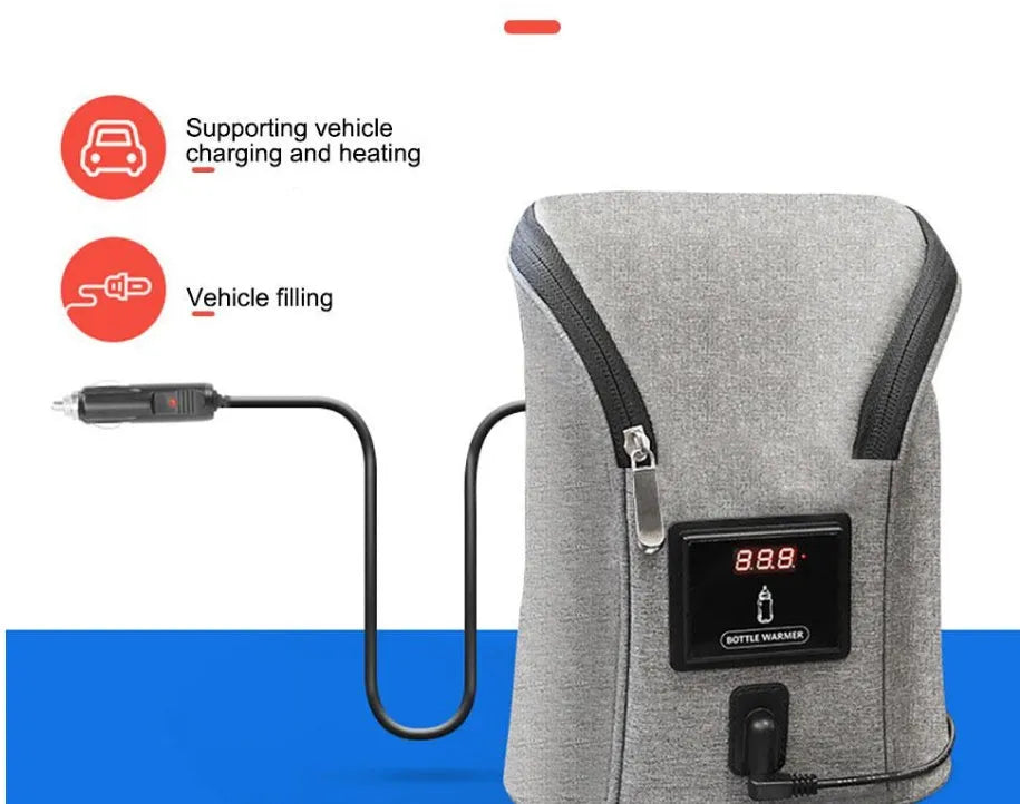 Car USB portable baby bottle warmer with dual bottle capacity and electronic temperature display screen