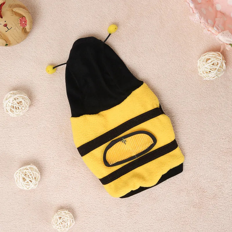Yellow bee fleece dog jumper, transformation style, sizes 6 to 18, back length 16cm to 40cm.