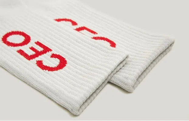Pair of men's thin cotton socks with letters pattern, black or light grey, one size, breathable summer design.