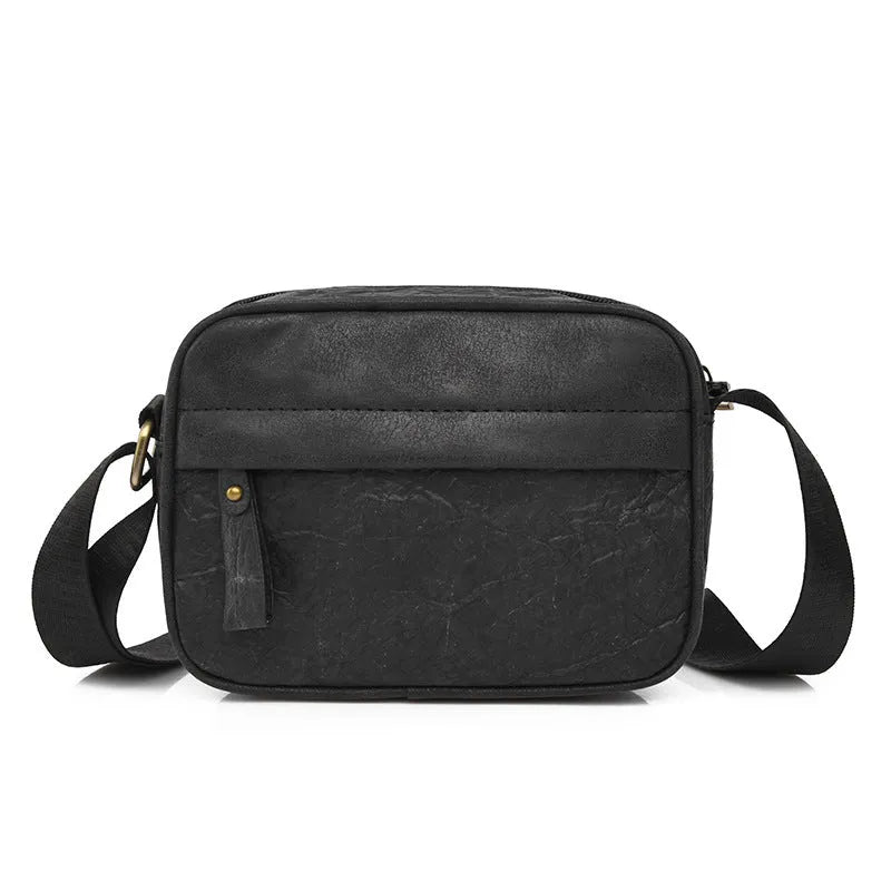 Men's waterproof paper crossbody bag in retro style showing black, brown and silver colour options