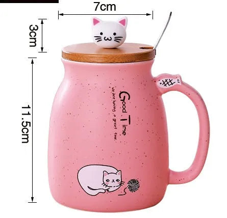 450ml cartoon cat ceramic mug with wooden lid and stainless steel spoon in blue, pink, purple, or yellow