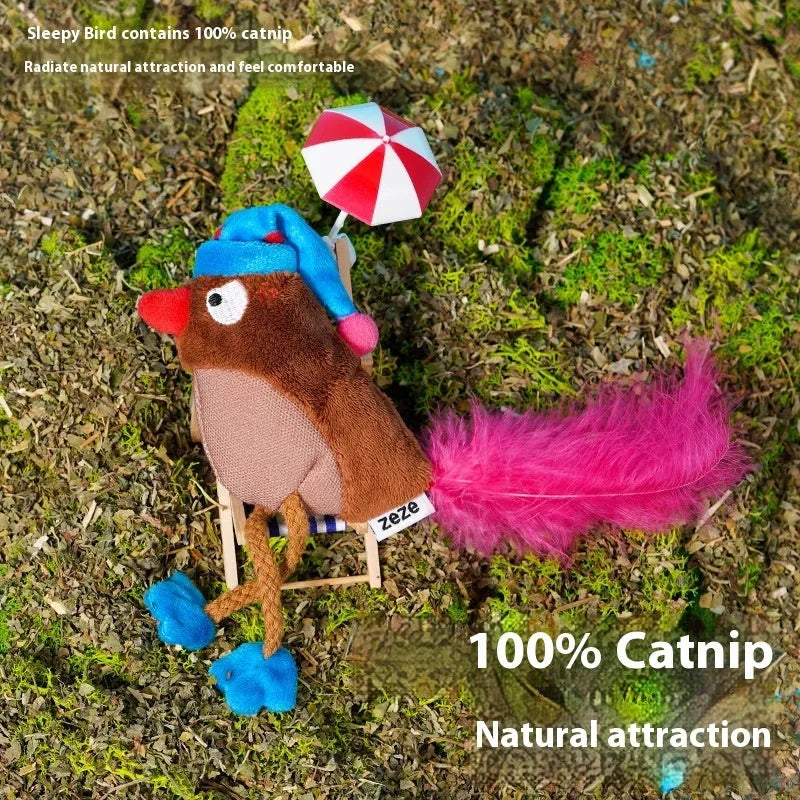 Bird catnip cat toy self-hi cat teaser in fleece and woven fabric, two colour options