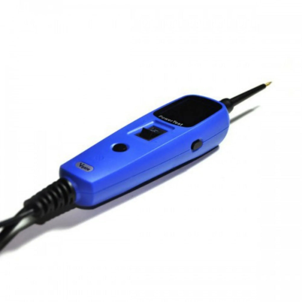 Blue automotive power circuit test pen with TFT display, extension cable, and accessories in blow moulded case