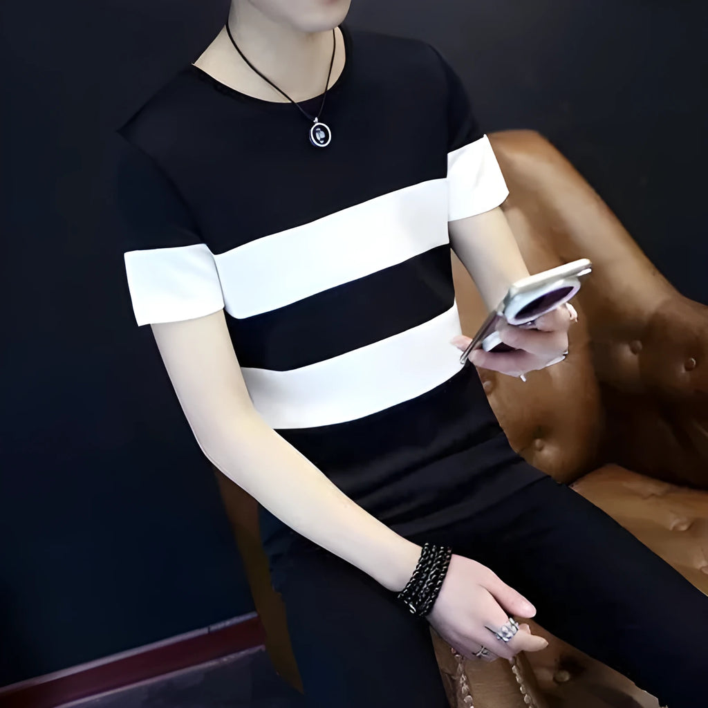 Men's striped slim fit short sleeve T-shirt in milk silk polyester, round neck, black or white, sizes L to XXL