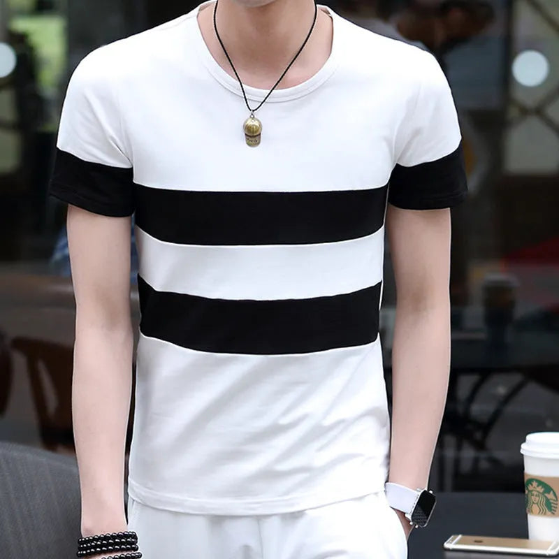 Men's striped slim fit short sleeve T-shirt in milk silk polyester, round neck, black or white, sizes L to XXL