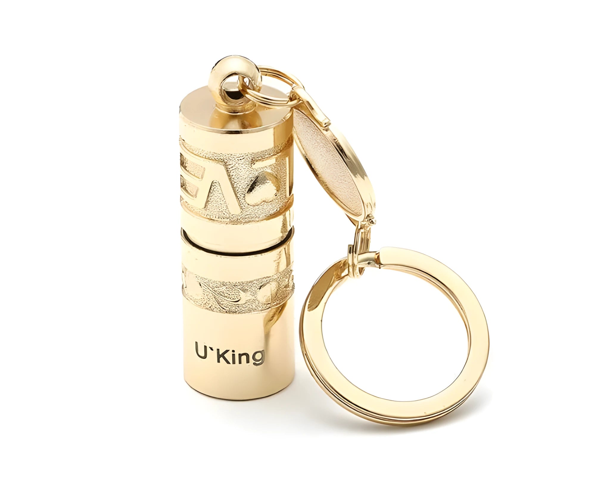 Gold zinc alloy waterproof LED flashlight attached to a keyring.