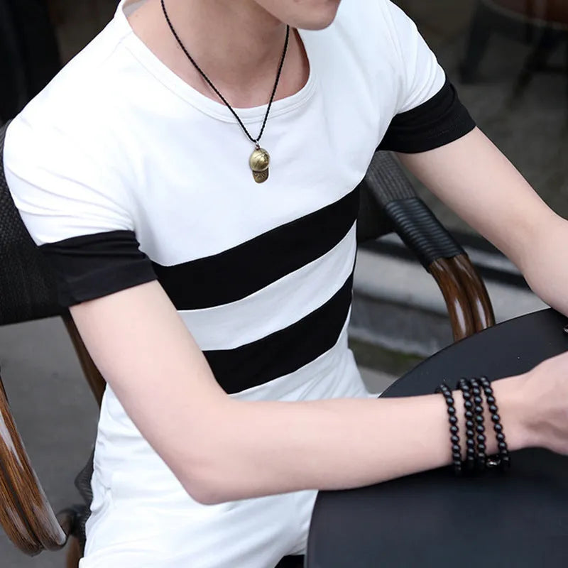 Men's striped slim fit short sleeve T-shirt in milk silk polyester, round neck, black or white, sizes L to XXL