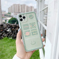 Green TPU iPhone case with geometric smiley face and polka dot frame design
