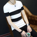 Men's striped slim fit short sleeve T-shirt in milk silk polyester, round neck, black or white, sizes L to XXL