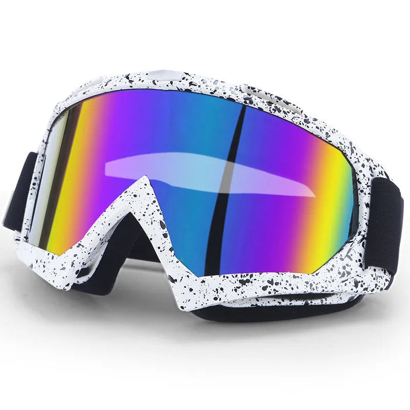 Motorcycle CrossCountry goggles with pure TPU full rim frame, windproof design, and frame colour swatches