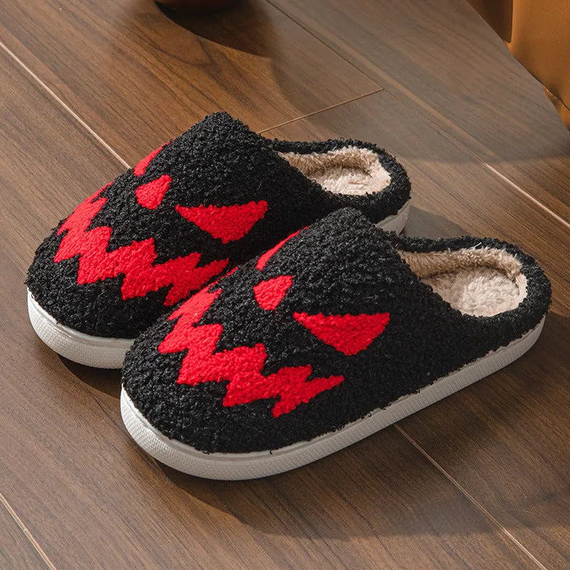 Halloween couple slippers with towel embroidery ghost face design on suede upper, with PVC sole.