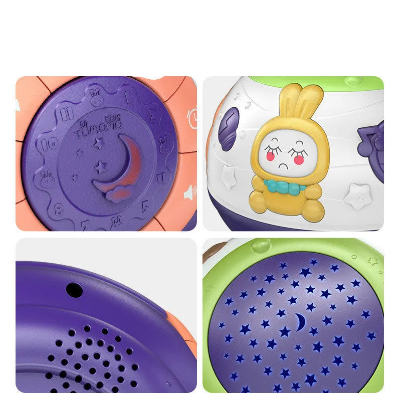 White starry sky night light projector for children showing control button and projection pattern