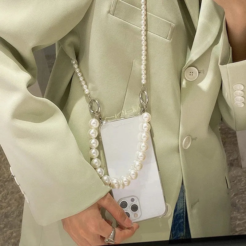 Big Pearl soft mobile phone case in Photo Colour with decorative chain, compatible with multiple iPhone models.