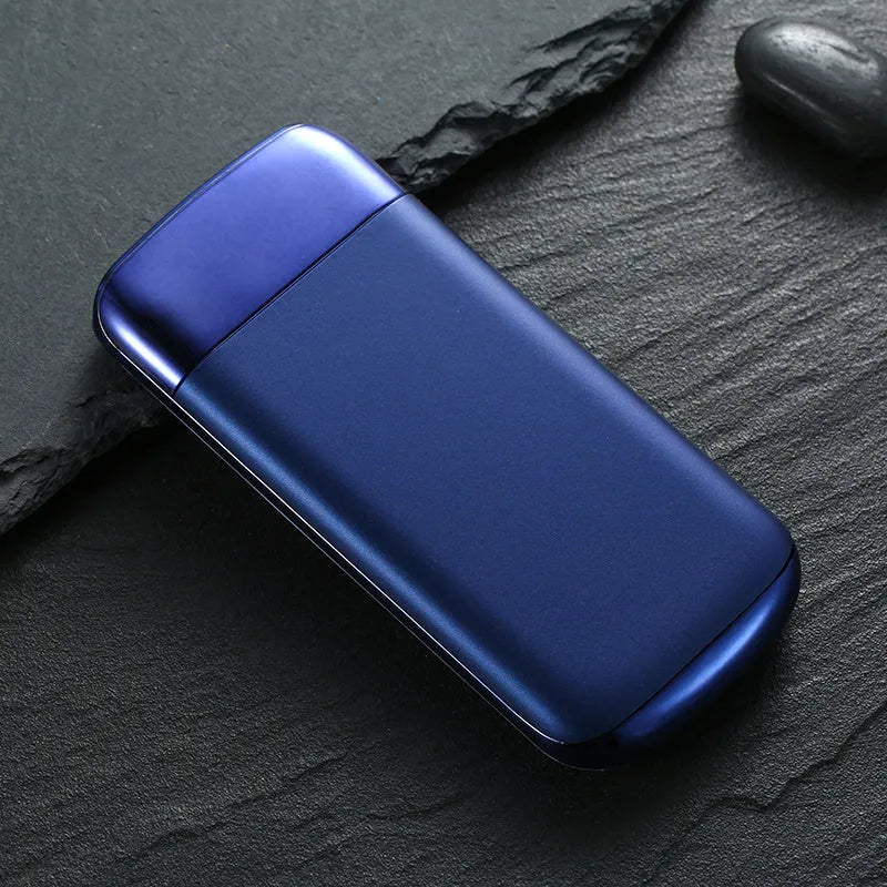 Black portable power bank with LCD display showing battery percentage and two USB ports