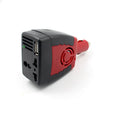Black and red car power inverter converting 12V to 110V AC with USB output, dimensions 115x65x41mm
