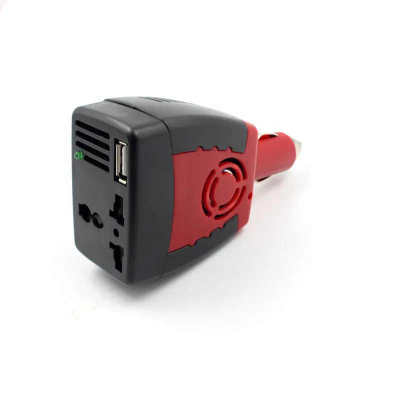 Black and red car power inverter converting 12V to 110V AC with USB output, dimensions 115x65x41mm