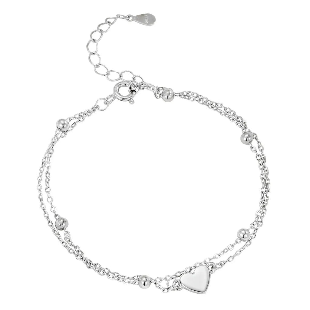 S925 sterling silver double-layer heart bracelet women's simple style silver colour adjustable chain