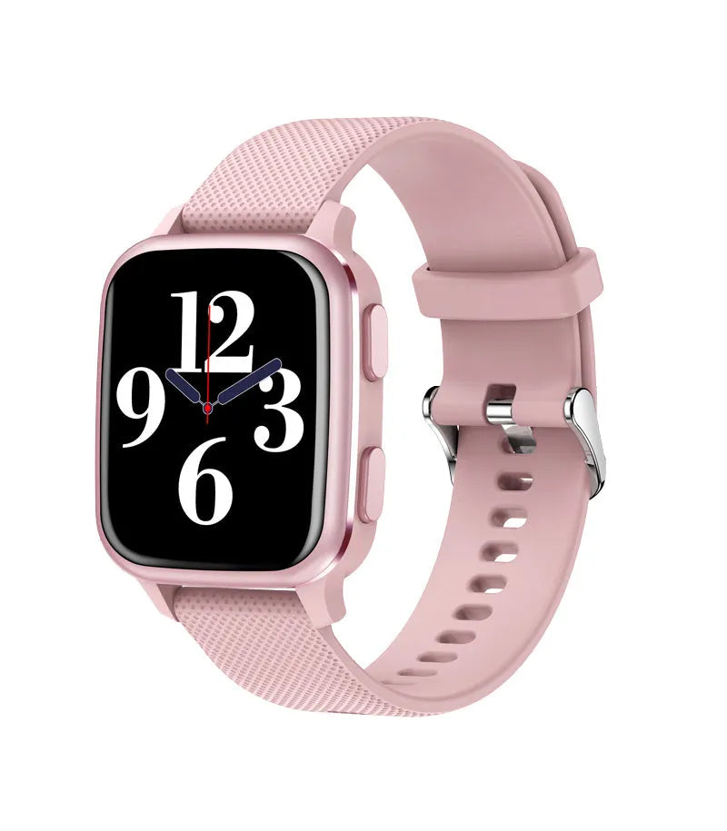 Aluminium alloy smart watch with Bluetooth calling and heart rate monitoring on wrist, in black, blue, green, or pink.
