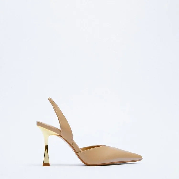Women's nude pointed high heels in patent leather, shown in apricot and black colour options.