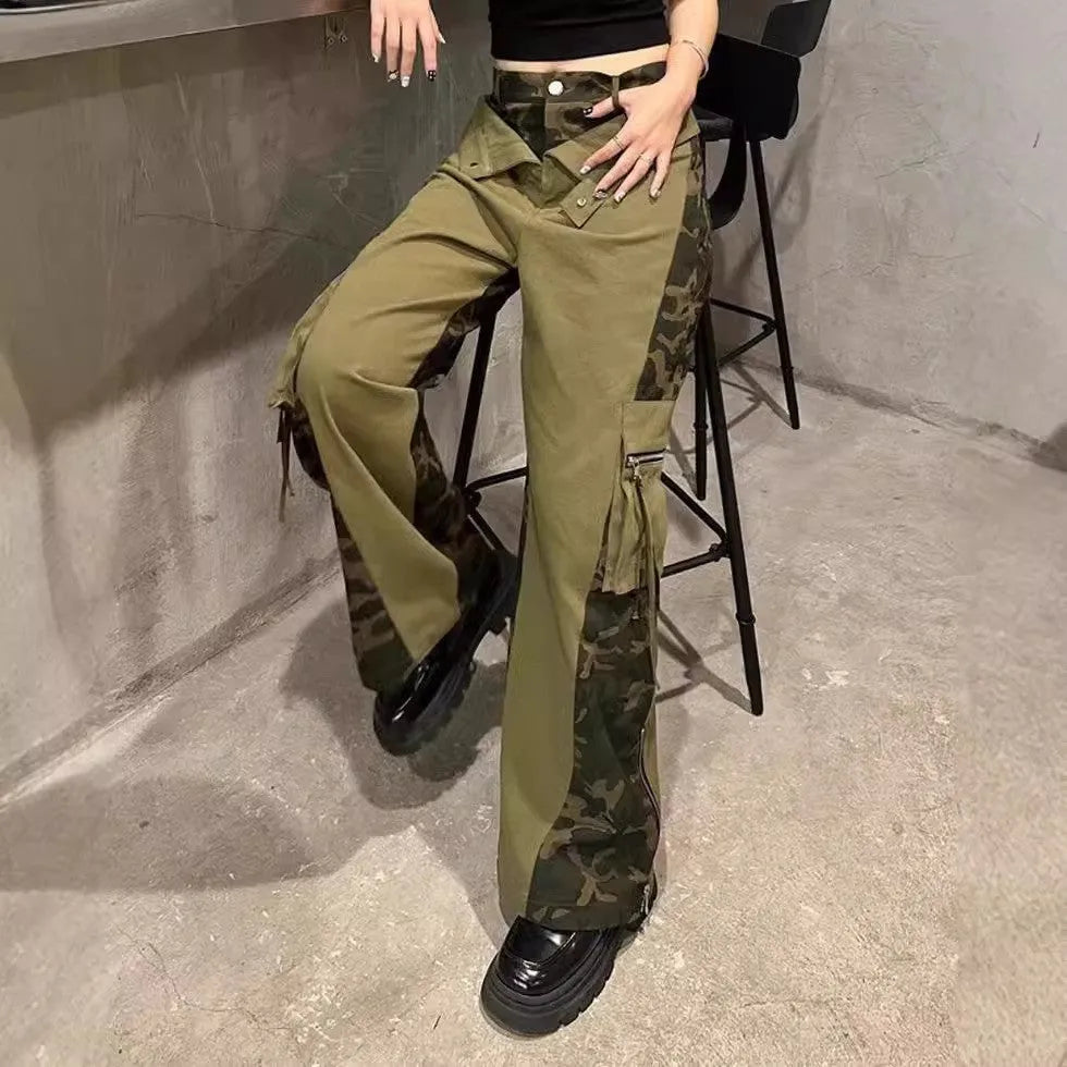 Dark khaki leopard print high waist straight leg jeans with retro tooling style and fake two stitching