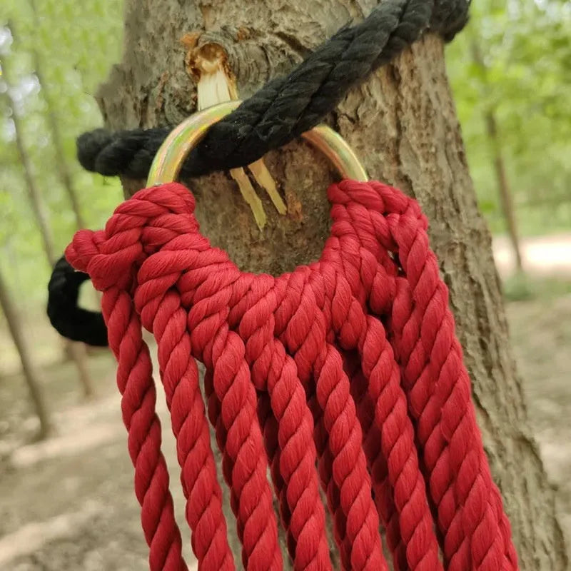 Nylon rope mesh outdoor hammock measuring 1.1m wide with tying components