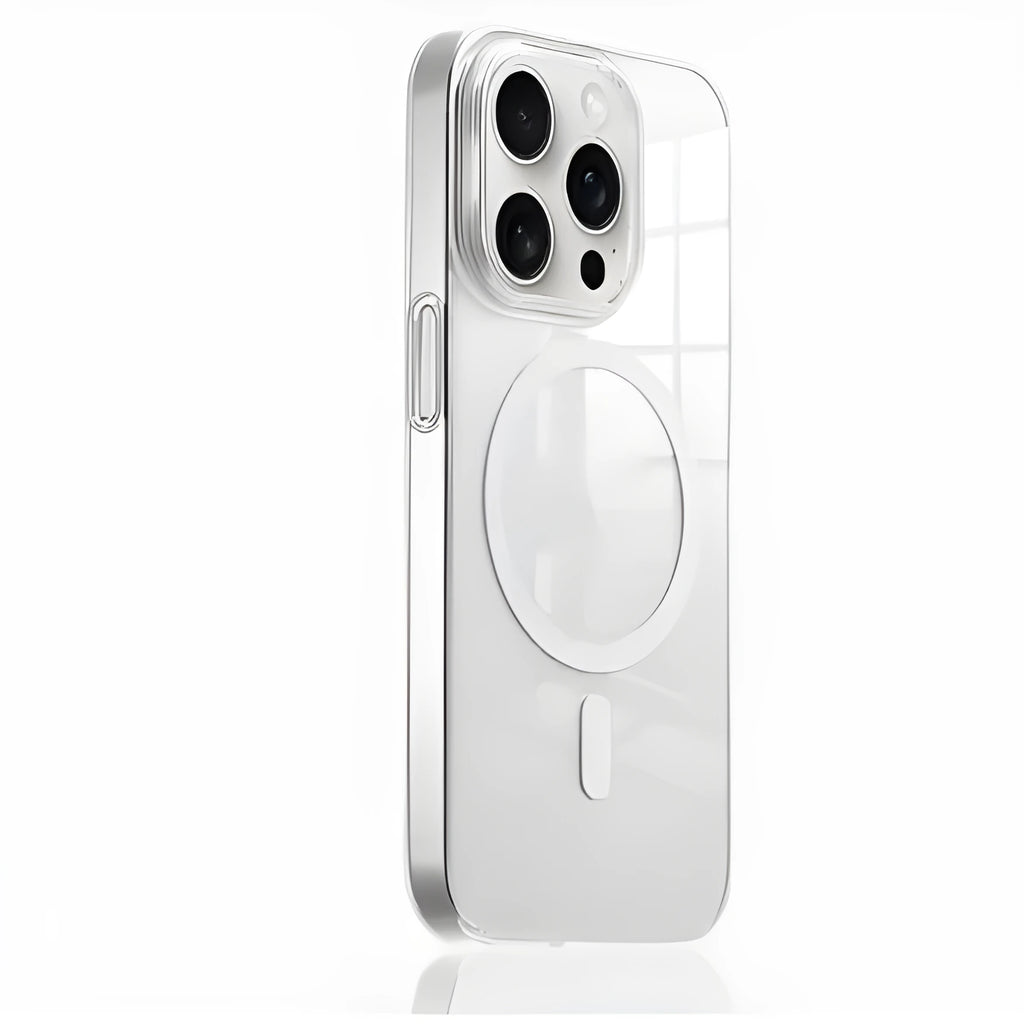 Transparent magnetic phone case for iPhone 15 and 16 with four-corner drop-resistant silicone and frosted finish.