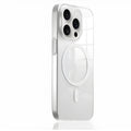 Transparent magnetic phone case for iPhone 15 and 16 with four-corner drop-resistant silicone and frosted finish.