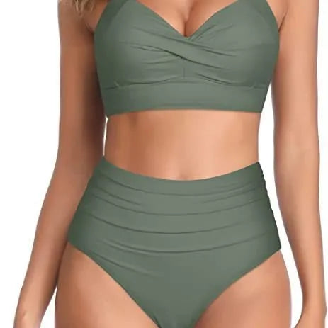 Women's split bow bikini swimsuit in polyester with spandex lining on a mannequin.