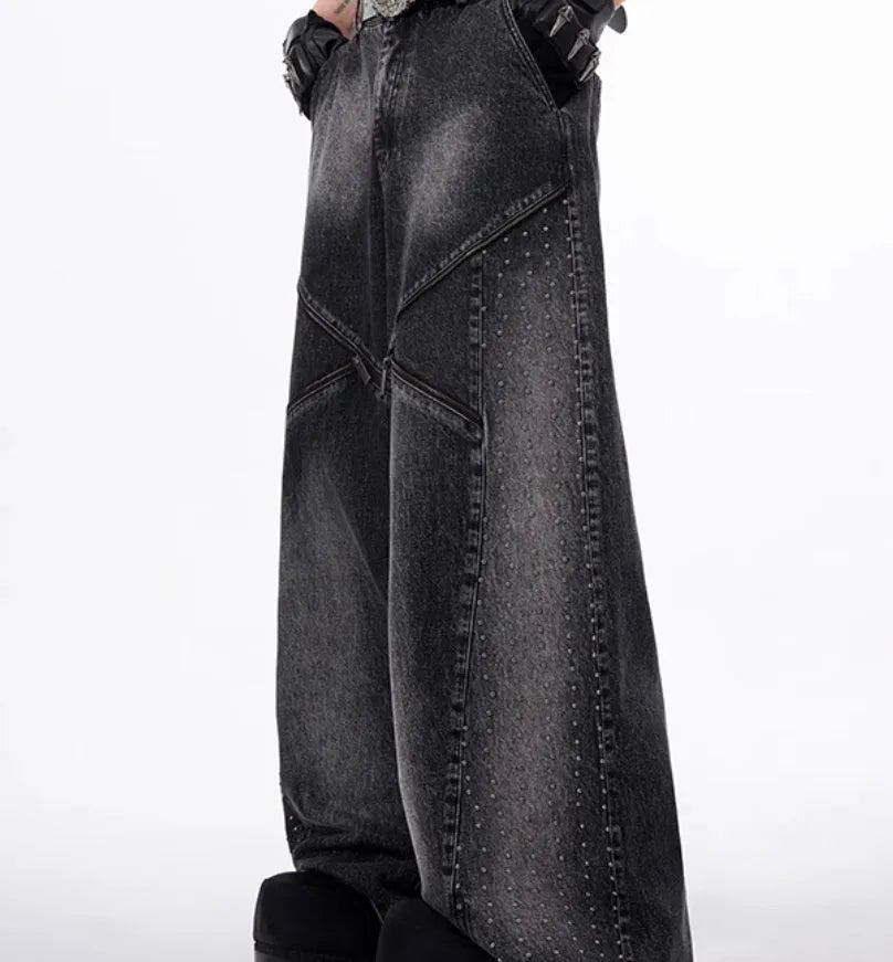 Korean style two-piece set with structure zipper wide leg pants and matching top in black and grey washed cotton denim