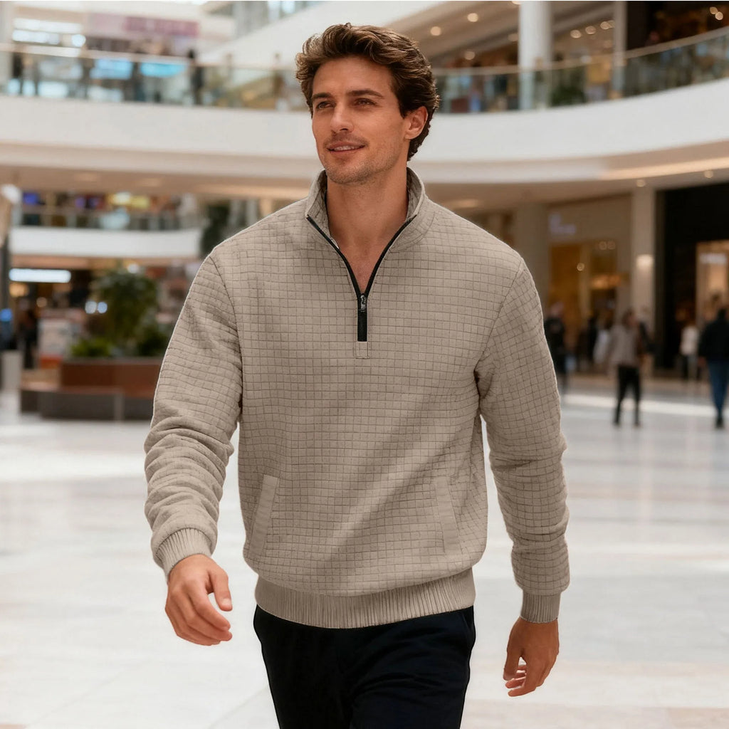 Men's stand-up collar long sleeve jacquard small check sweatshirt in light gray side view