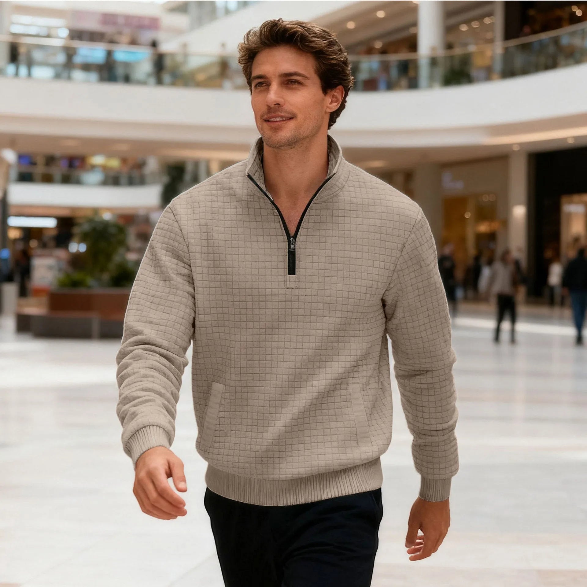 Men's stand-up collar long sleeve jacquard small check sweatshirt in light gray side view