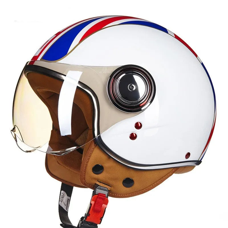 Retro battery car half helmet in ABS plastic showing colour options including bright blue red and matte black orange