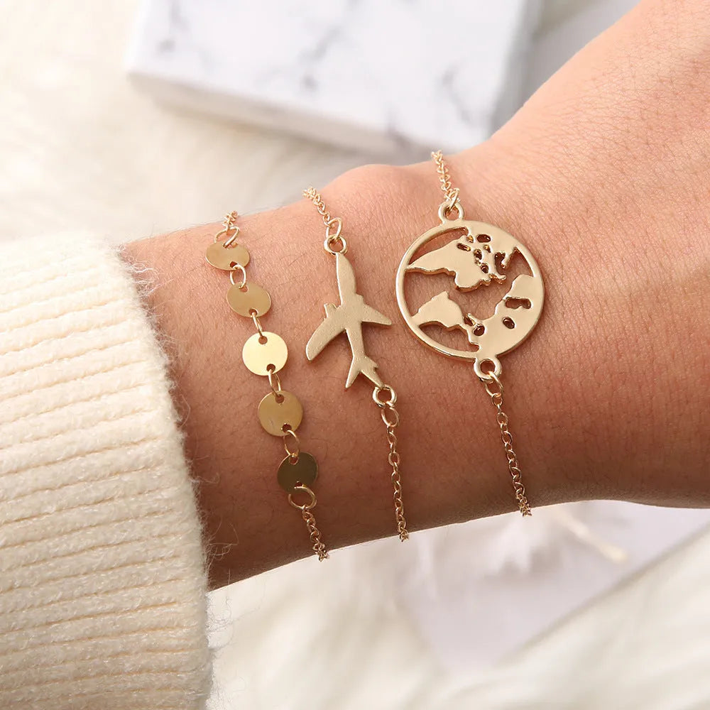 Women's three-piece bohemian aircraft map charm bracelet set with heart-shaped alloy charms