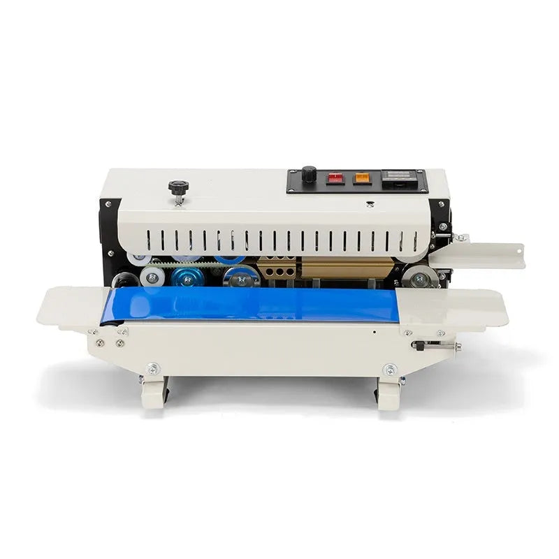 Compact white and grey handheld heat sealer with a date printing wheel, shown sealing a plastic bag.