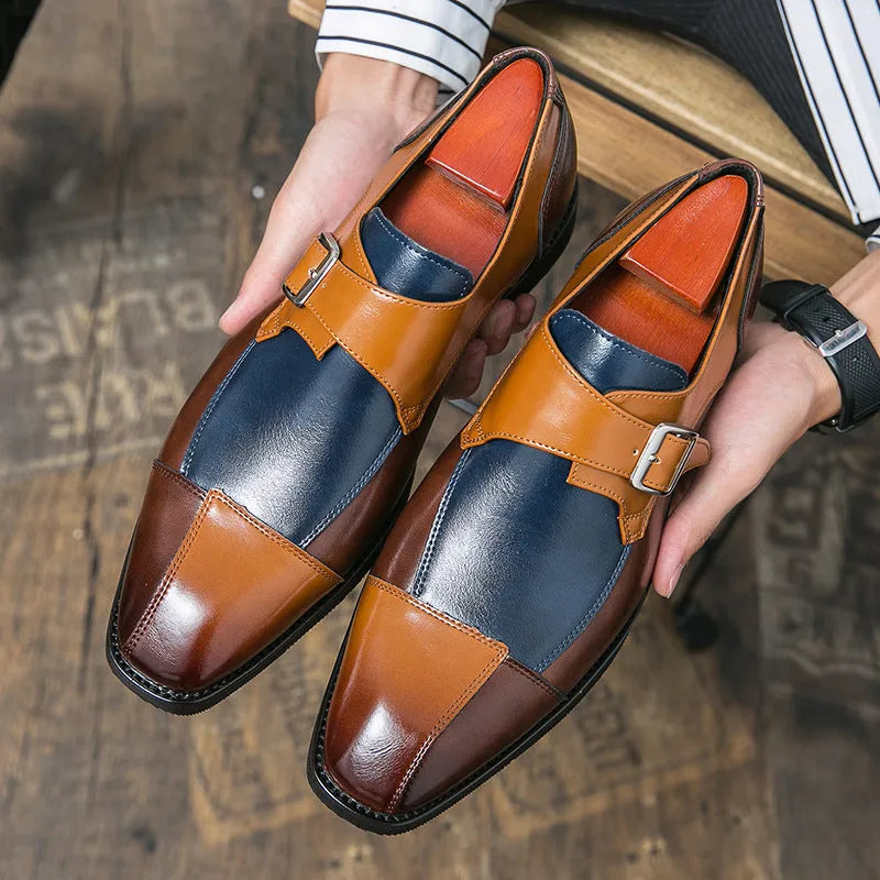 Men's brown blue British style casual shoes with buckle closure and tall crown upper