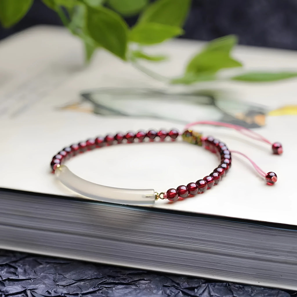 Red natural agate garnet beaded bracelet with adjustable pull closure for women