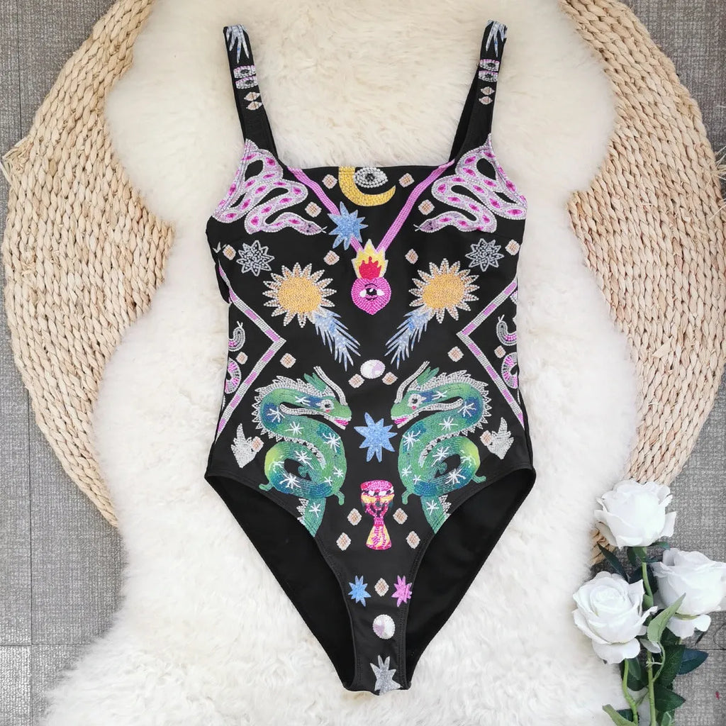 Backless print one-piece swimsuit for women, polyester swimwear with dragon snake flowers print on black background, sizes S M L