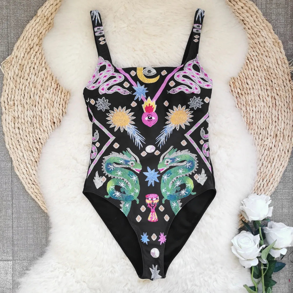 Backless print one-piece swimsuit for women, polyester swimwear with dragon snake flowers print on black background, sizes S M L