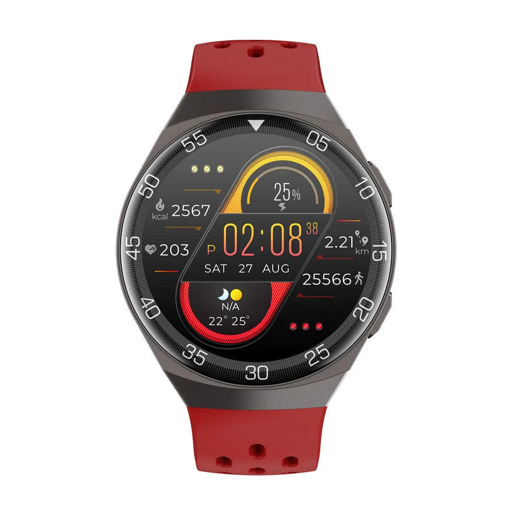 Smart watch with 1.28-inch HD screen, TPU strap, zinc alloy frame, IP68 waterproof, available in black, red, green.