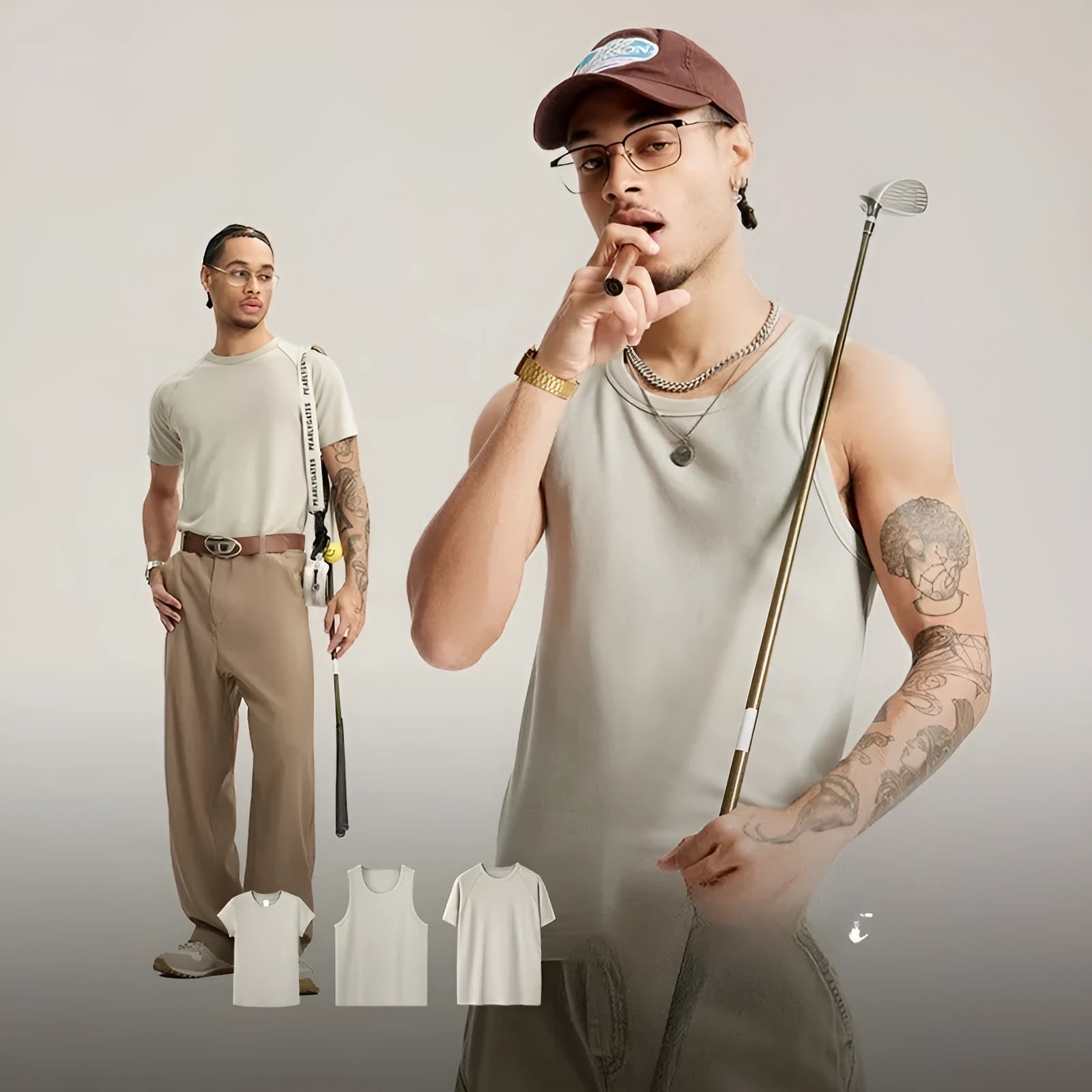 Slim fit stretch t-shirt in vest and short sleeve styles, shown in beige and active black colours.