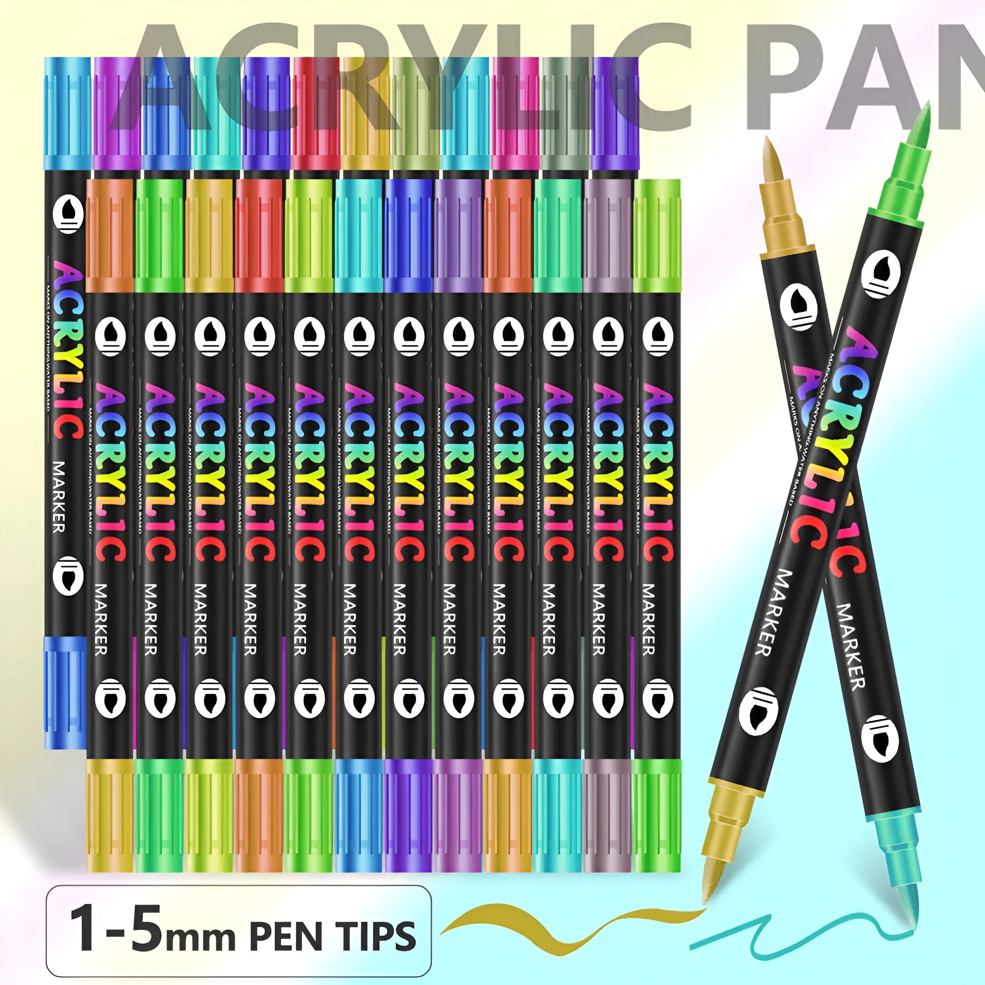 A set of double-headed acrylic marker pens with washable, quick-drying ink in multiple colours.