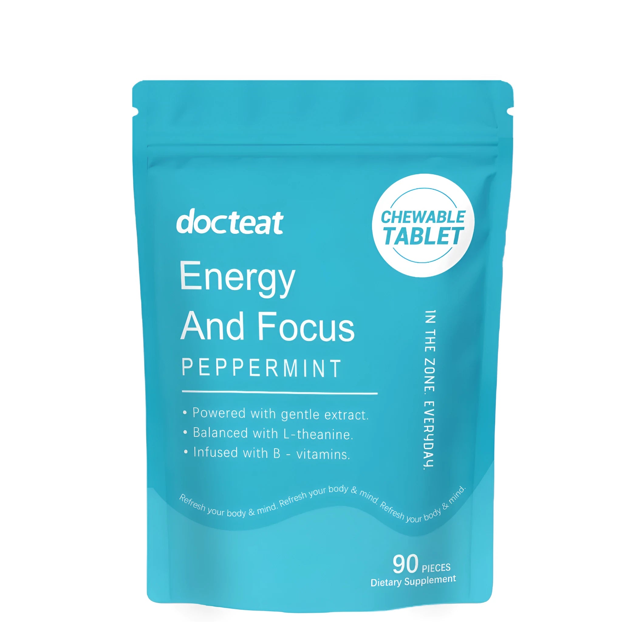 Bag of Mint Press Candy compressed sugar tablets containing 90 pieces with vitamins B6, B12 and L-theanine.
