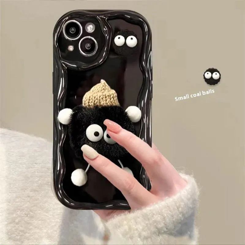 Cartoon cute plush hat doll phone case for iPhone in cream shell with beige or black, TPU hard case with fall protection.