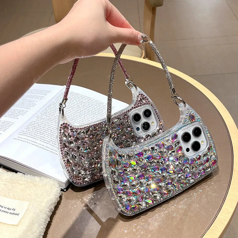 3D glass rhinestone small handbag phone case with chain strap for iPhone, pink or white diamond